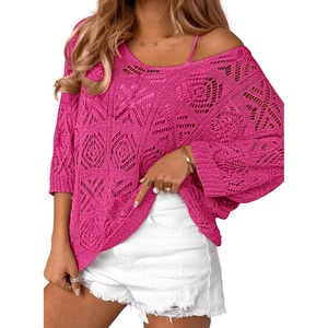 image:imageATHMILE Off The Shoulder Tops for Women Summer Crochet Hollow Out 34 Sleeve Pullover Sweater Beach Cover up Vacation ClothesRose Red