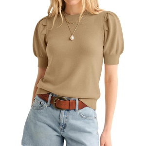 image:imageATHMILE Short Sleeve Sweater for Women 2026 Spring Summer Blouses Crewneck Knit Puff Sleeve Dressy Casual Trendy ShirtsAkhaki