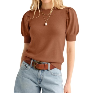 image:imageATHMILE Short Sleeve Sweater for Women 2026 Spring Summer Blouses Crewneck Knit Puff Sleeve Dressy Casual Trendy ShirtsAlight Orange