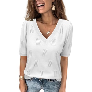 image:imageATHMILE Summer Tops for Women 2025 Short Sleeve V Neck Sweaters Dressy Casual Blouses Lightweight Thin Knit Fashion ShirtsWhite