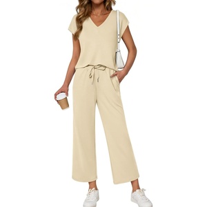 image:imageATHMILE Two Piece Sets for Women Spring Summer Travel Airport Vacation Outfits Lounge V Neck Tops Drawstring Wide Leg PantsBeige