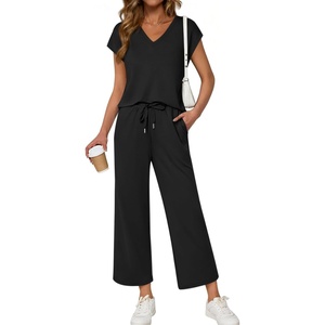 image:imageATHMILE Two Piece Sets for Women Spring Summer Travel Airport Vacation Outfits Lounge V Neck Tops Drawstring Wide Leg PantsBlack