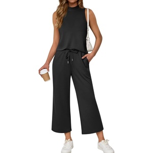 image:imageATHMILE Two Piece Sets for Women Spring Summer Travel Airport Vacation Outfits Lounge V Neck Tops Drawstring Wide Leg PantsBlack1