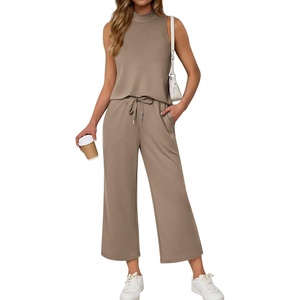 image:imageATHMILE Two Piece Sets for Women Spring Summer Travel Airport Vacation Outfits Lounge V Neck Tops Drawstring Wide Leg PantsCoffee1