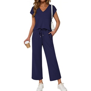 image:imageATHMILE Two Piece Sets for Women Spring Summer Travel Airport Vacation Outfits Lounge V Neck Tops Drawstring Wide Leg PantsNavy Blue