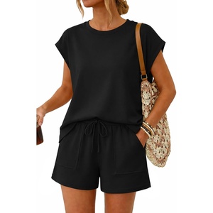 image:imageATHMILE Two Piece Womens Summer Lounge Short Sets Cap Sleeve  Drawstring ShortsBeach Sweatsuit with PocketAthleisure Matching SetsAthletic OutfitsBlack