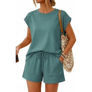 image:imageATHMILE Two Piece Womens Summer Lounge Short Sets Cap Sleeve  Drawstring ShortsBeach Sweatsuit with PocketAthleisure Matching SetsAthletic OutfitsBlue Green