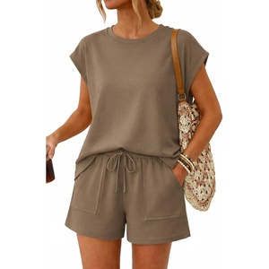 image:imageATHMILE Two Piece Womens Summer Lounge Short Sets Cap Sleeve  Drawstring ShortsBeach Sweatsuit with PocketAthleisure Matching SetsAthletic OutfitsCoffee Gray
