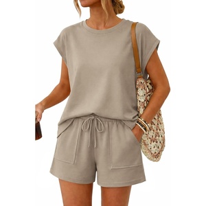 image:imageATHMILE Two Piece Womens Summer Lounge Short Sets Cap Sleeve  Drawstring ShortsBeach Sweatsuit with PocketAthleisure Matching SetsAthletic OutfitsKhaki
