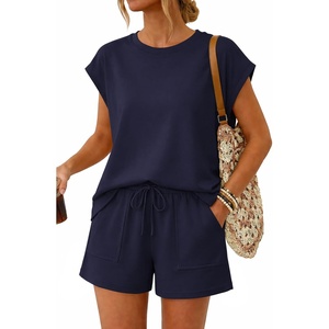 image:imageATHMILE Two Piece Womens Summer Lounge Short Sets Cap Sleeve  Drawstring ShortsBeach Sweatsuit with PocketAthleisure Matching SetsAthletic OutfitsNavy Blue