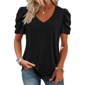image:imageATHMILE Womens Blouse Dressy Casual V Neck Puff Short Sleeve Tshirts Boho Fashion Summer Spring Tunic Top ClothesBlack
