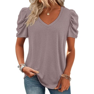 image:imageATHMILE Womens Blouse Dressy Casual V Neck Puff Short Sleeve Tshirts Boho Fashion Summer Spring Tunic Top ClothesGrey Purple