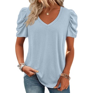 image:imageATHMILE Womens Blouse Dressy Casual V Neck Puff Short Sleeve Tshirts Boho Fashion Summer Spring Tunic Top ClothesIce Blue