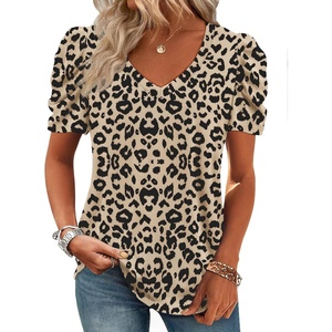 image:imageATHMILE Womens Blouse Dressy Casual V Neck Puff Short Sleeve Tshirts Boho Fashion Summer Spring Tunic Top ClothesLeopard