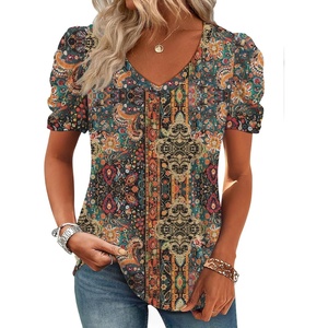 image:imageATHMILE Womens Blouse Dressy Casual V Neck Puff Short Sleeve Tshirts Boho Fashion Summer Spring Tunic Top ClothesPaisley