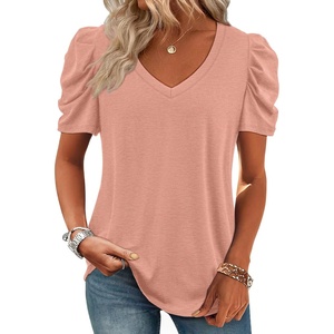 image:imageATHMILE Womens Blouse Dressy Casual V Neck Puff Short Sleeve Tshirts Boho Fashion Summer Spring Tunic Top ClothesPink