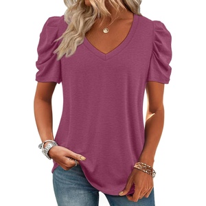 image:imageATHMILE Womens Blouse Dressy Casual V Neck Puff Short Sleeve Tshirts Boho Fashion Summer Spring Tunic Top ClothesPurple Red