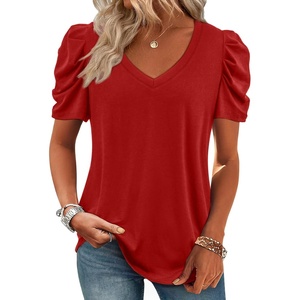 image:imageATHMILE Womens Blouse Dressy Casual V Neck Puff Short Sleeve Tshirts Boho Fashion Summer Spring Tunic Top ClothesRed
