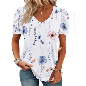 image:imageATHMILE Womens Blouse Dressy Casual V Neck Puff Short Sleeve Tshirts Boho Fashion Summer Spring Tunic Top ClothesWhite Floral