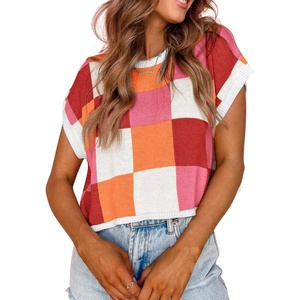 image:imageATHMILE Womens Cap Sleeve Tops Color Block Crop Sweater Going Out Crew Neck Knit Shirts Business Casual OutfitsRed