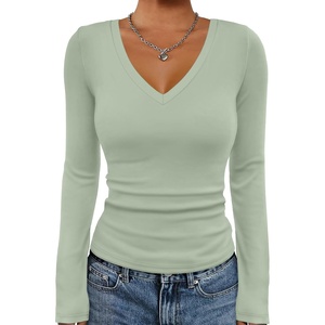 image:imageATHMILE Womens Fall Deep V Neck Long Sleeve Shirts Modal Slim Fit Basic Tee Tops 2026Alight Green