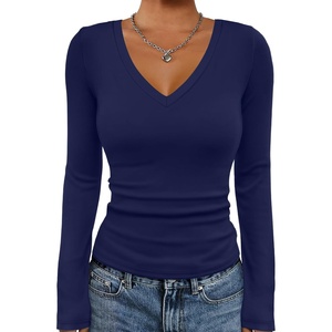 image:imageATHMILE Womens Fall Deep V Neck Long Sleeve Shirts Modal Slim Fit Basic Tee Tops 2026Anavy