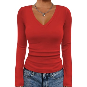 image:imageATHMILE Womens Fall Deep V Neck Long Sleeve Shirts Modal Slim Fit Basic Tee Tops 2026Ared