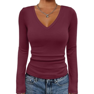 image:imageATHMILE Womens Fall Deep V Neck Long Sleeve Shirts Modal Slim Fit Basic Tee Tops 2026Bburgundy