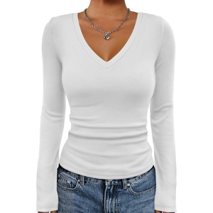 image:imageATHMILE Womens Fall Deep V Neck Long Sleeve Shirts Modal Slim Fit Basic Tee Tops 2026Bwhite