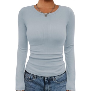 image:imageATHMILE Womens Long Sleeve CrewneckV Neck Ribbed Tops Fall Fitted Stretch Casual Basic T Shirts 2026Alight Blue