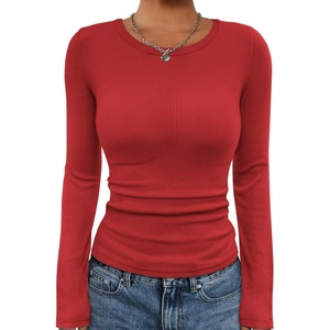 image:imageATHMILE Womens Long Sleeve CrewneckV Neck Ribbed Tops Fall Fitted Stretch Casual Basic T Shirts 2026Ared