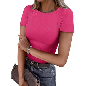 image:imageATHMILE Womens Long Sleeve CrewneckV Neck Ribbed Tops Fall Fitted Stretch Casual Basic T Shirts 2026Bhot Pink
