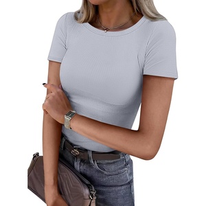 image:imageATHMILE Womens Long Sleeve CrewneckV Neck Ribbed Tops Fall Fitted Stretch Casual Basic T Shirts 2026Blight Blue