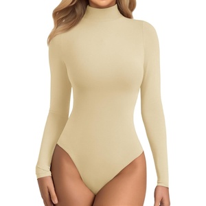 image:imageATHMILE Womens Mock Turtle Neck Long Sleeve Tops Bodysuit JumpsuitApricot