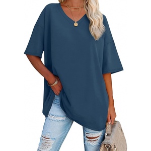 image:imageATHMILE Womens Oversized Shirts V Neck Plus Size Spring Workout Summer Tops Beach Vacation 2026 Gym Clothes Basic TeeBlue