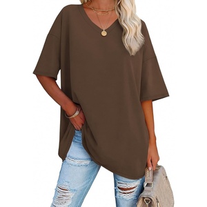 image:imageATHMILE Womens Oversized Shirts V Neck Plus Size Spring Workout Summer Tops Beach Vacation 2026 Gym Clothes Basic TeeBrown