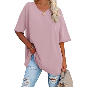image:imageATHMILE Womens Oversized Shirts V Neck Plus Size Spring Workout Summer Tops Beach Vacation 2026 Gym Clothes Basic TeeDark Pink