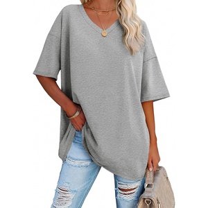 image:imageATHMILE Womens Oversized Shirts V Neck Plus Size Spring Workout Summer Tops Beach Vacation 2026 Gym Clothes Basic TeeGrey