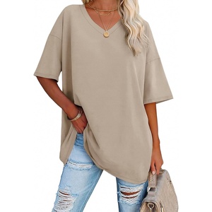 image:imageATHMILE Womens Oversized Shirts V Neck Plus Size Spring Workout Summer Tops Beach Vacation 2026 Gym Clothes Basic TeeKhaki