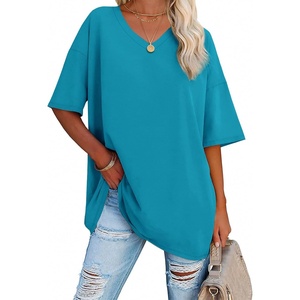 image:imageATHMILE Womens Oversized Shirts V Neck Plus Size Spring Workout Summer Tops Beach Vacation 2026 Gym Clothes Basic TeeLake Blue