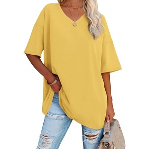 image:imageATHMILE Womens Oversized Shirts V Neck Plus Size Spring Workout Summer Tops Beach Vacation 2026 Gym Clothes Basic TeeLemon Yellow