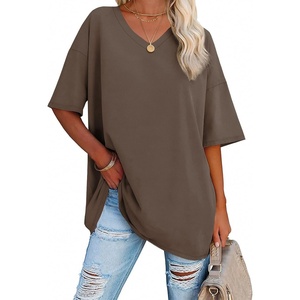 image:imageATHMILE Womens Oversized Shirts V Neck Plus Size Spring Workout Summer Tops Beach Vacation 2026 Gym Clothes Basic TeeLight Brown