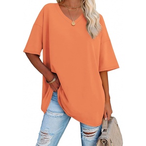 image:imageATHMILE Womens Oversized Shirts V Neck Plus Size Spring Workout Summer Tops Beach Vacation 2026 Gym Clothes Basic TeeOrange Pink