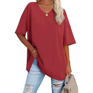 image:imageATHMILE Womens Oversized Shirts V Neck Plus Size Spring Workout Summer Tops Beach Vacation 2026 Gym Clothes Basic TeeRed
