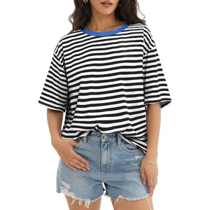 image:imageATHMILE Womens Oversized T Shirts Short Sleeve Workout Tops  Cotton Casual Loose Fit Basic Graphics Gym Summer Plus Size Fashion ClothesStriped Black  White