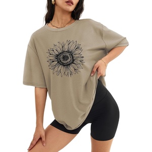image:imageATHMILE Womens Oversized T Shirts Short Sleeve Workout Tops  Cotton Casual Loose Fit Basic Graphics Gym Summer Plus Size Fashion ClothesSunflower Print Khaki
