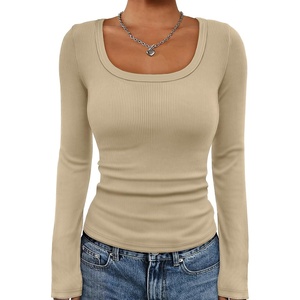 image:imageATHMILE Womens Scoop Neck Long Sleeve Tops Fashion Ribbed Knit Shirts Slim Fitted Casual Basic Tee T Shirt for Women 2026Abeige