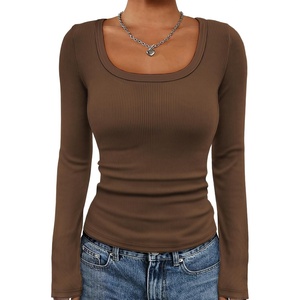 image:imageATHMILE Womens Scoop Neck Long Sleeve Tops Fashion Ribbed Knit Shirts Slim Fitted Casual Basic Tee T Shirt for Women 2026Abrown