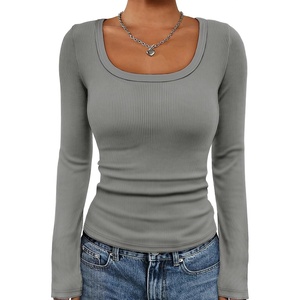 image:imageATHMILE Womens Scoop Neck Long Sleeve Tops Fashion Ribbed Knit Shirts Slim Fitted Casual Basic Tee T Shirt for Women 2026Agrey
