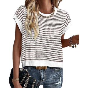 image:imageATHMILE Womens Short Sleeve Sweater Spring Summer Striped Teacher Round Neck Pullover Cap Sleeve Knit Cute Vest Tops 2026Brown